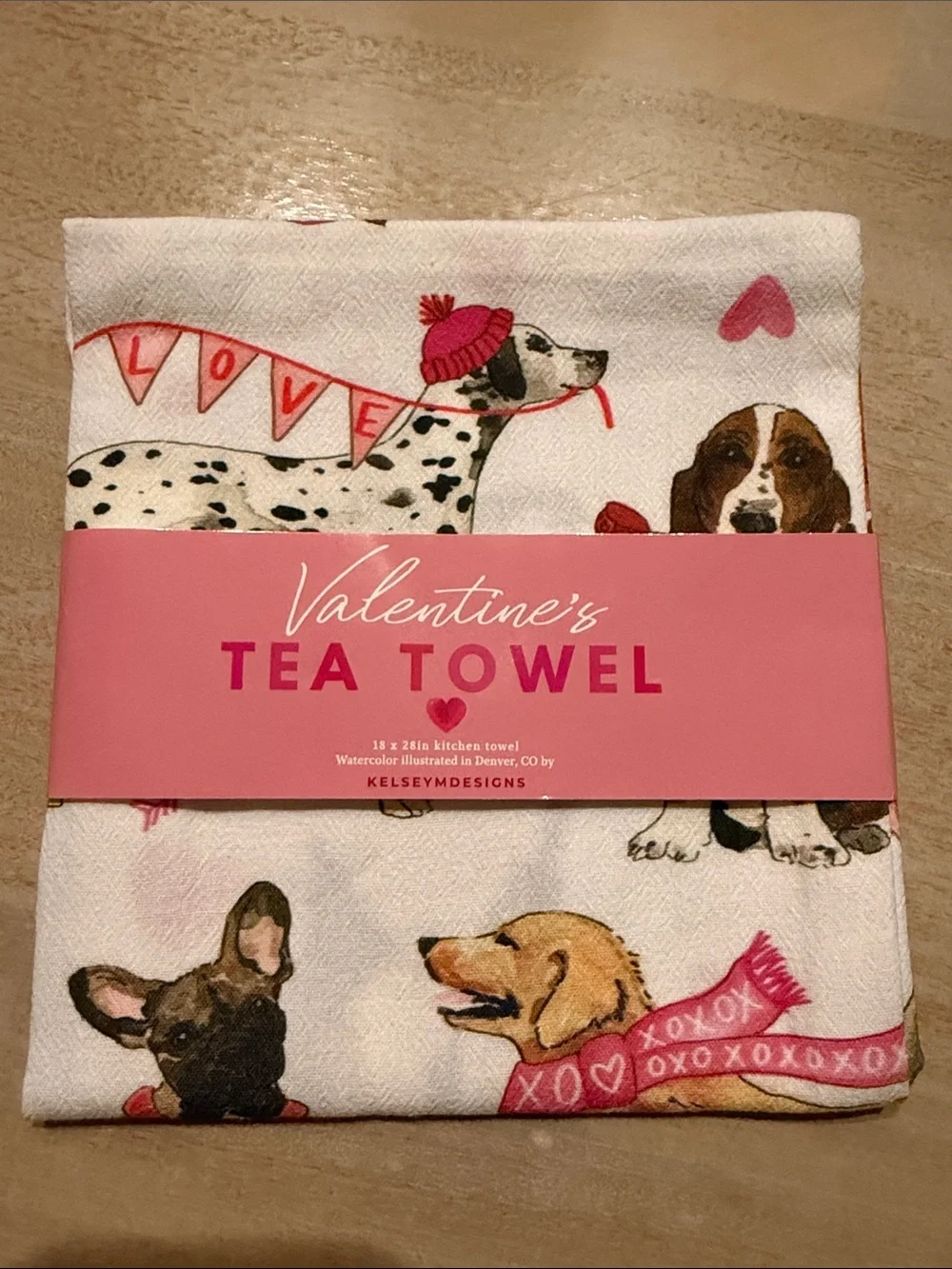 Kelsy M Designs Tea Kitchen Towel 18 x 28 Dog Lover Valentines BRAND NEW